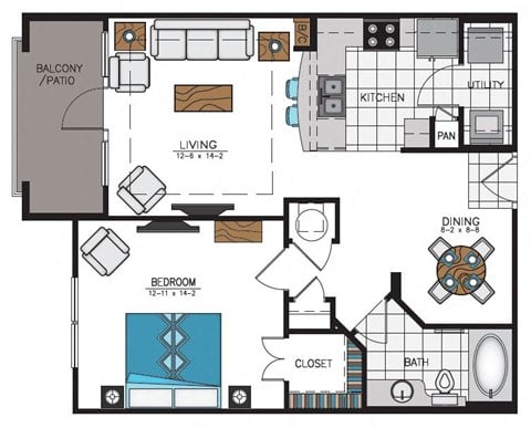 Floor plan for 1 bed, 1 bath, 810 sqft